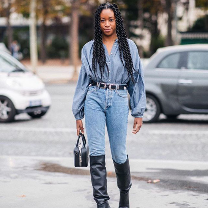 Monochromatic Denim with Knee-High Boots and Belt — High Waisted Jeans