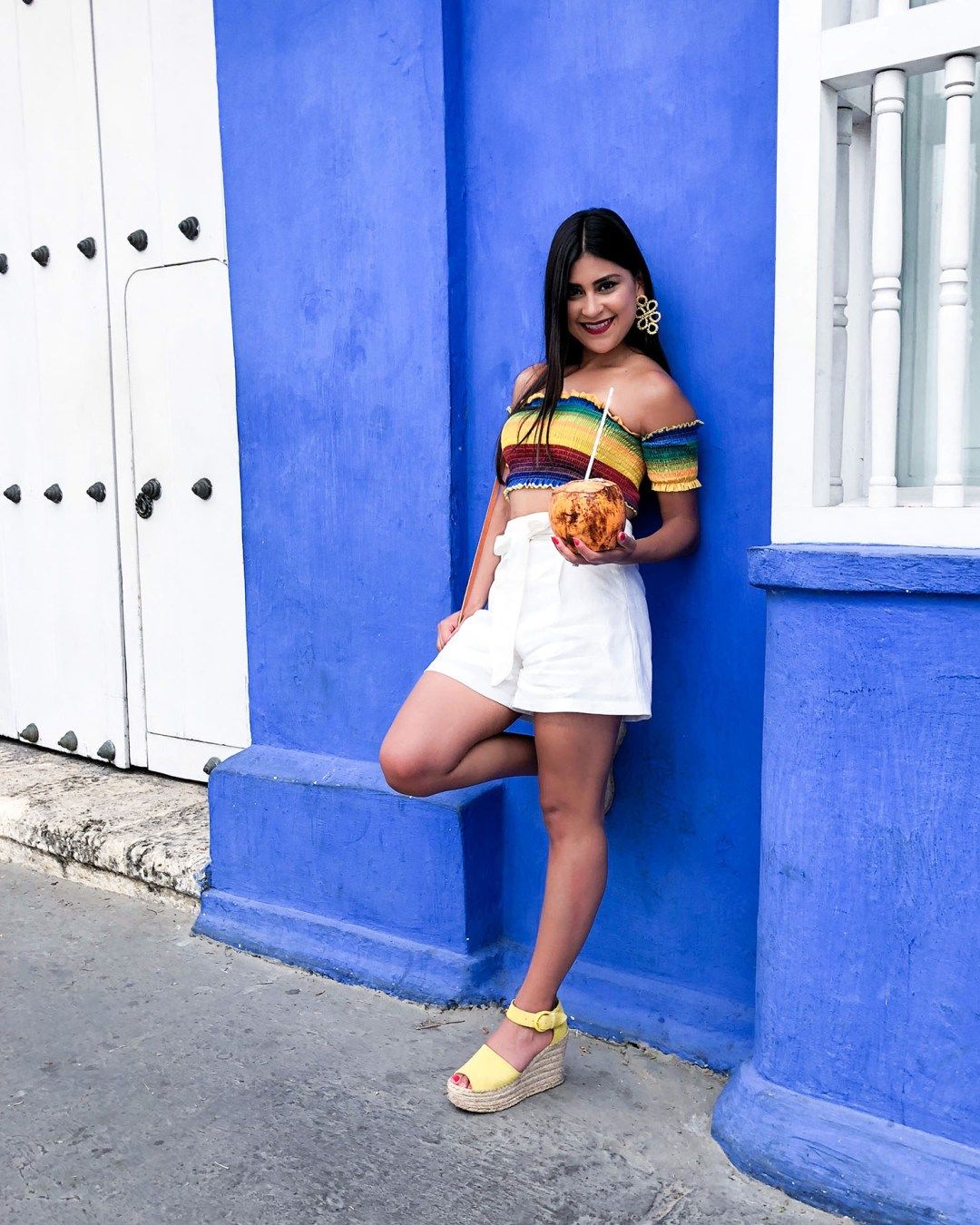 Bold Stripes: Off-Shoulder Cropped Top with White Shorts — Cartagena Outfits