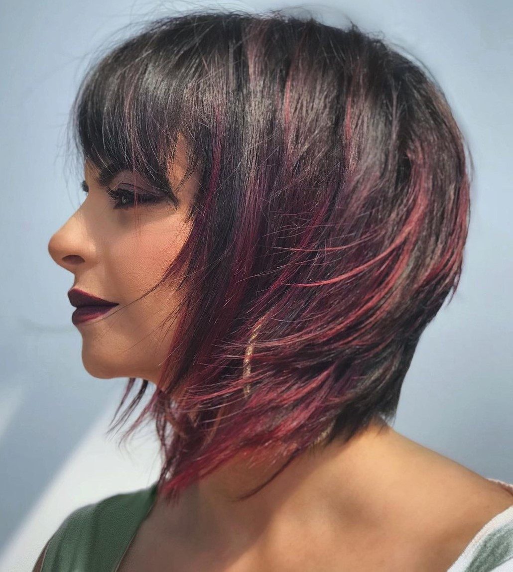 Angled Bob With Red Burgundy Streaks Angled Bob With Red Burgundy Streaks — Red Highlights