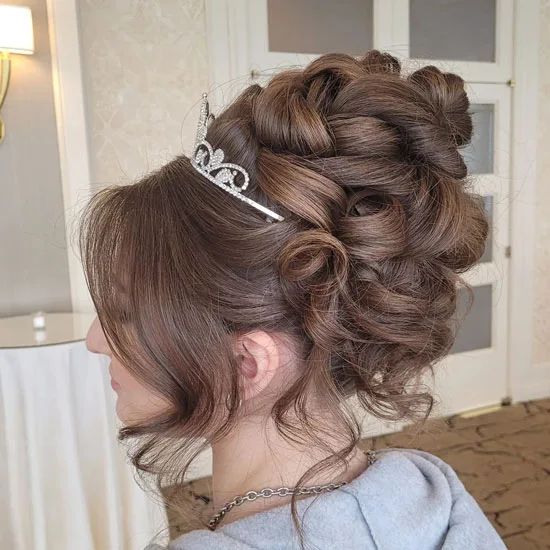 Updo with Curtain Bangs and Tiara — Sweet 16 Hairstyles