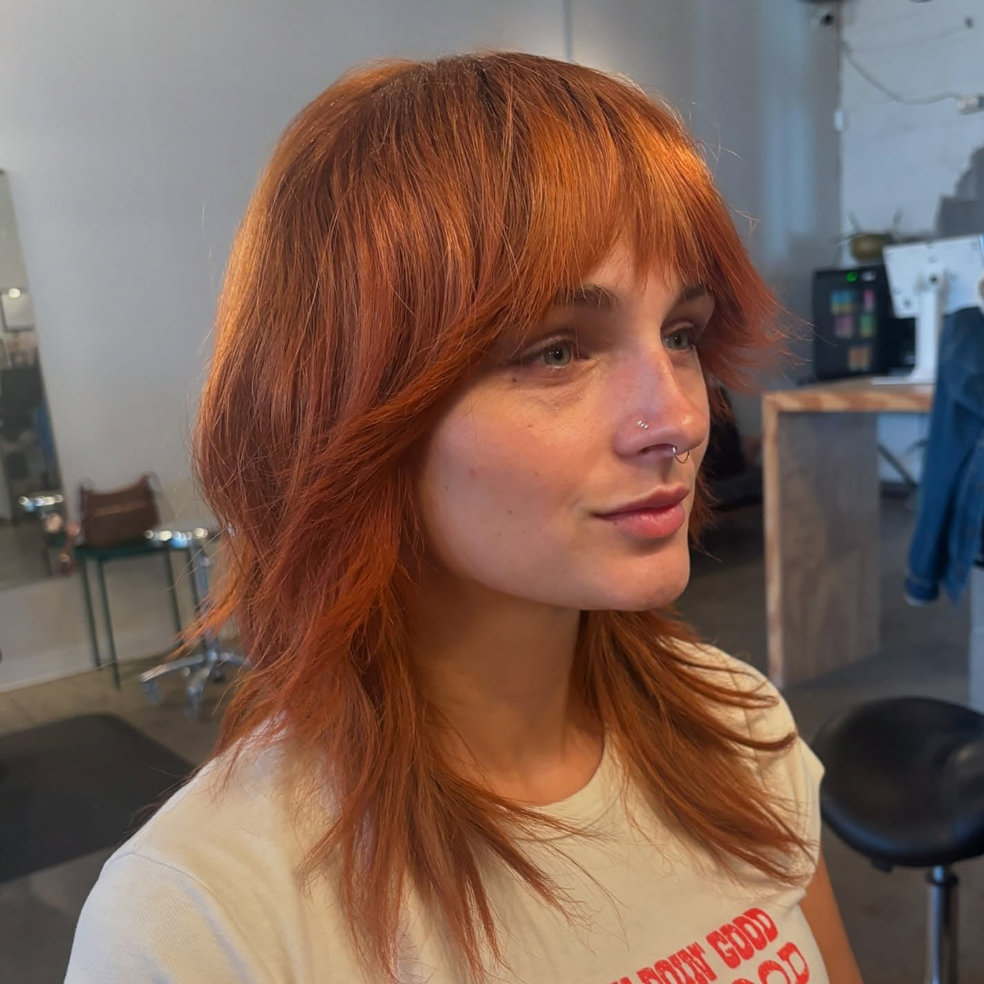 Shag Collarbone Length With Blunt Bangs Shag Collarbone Length With Blunt Bangs — Orange Hair