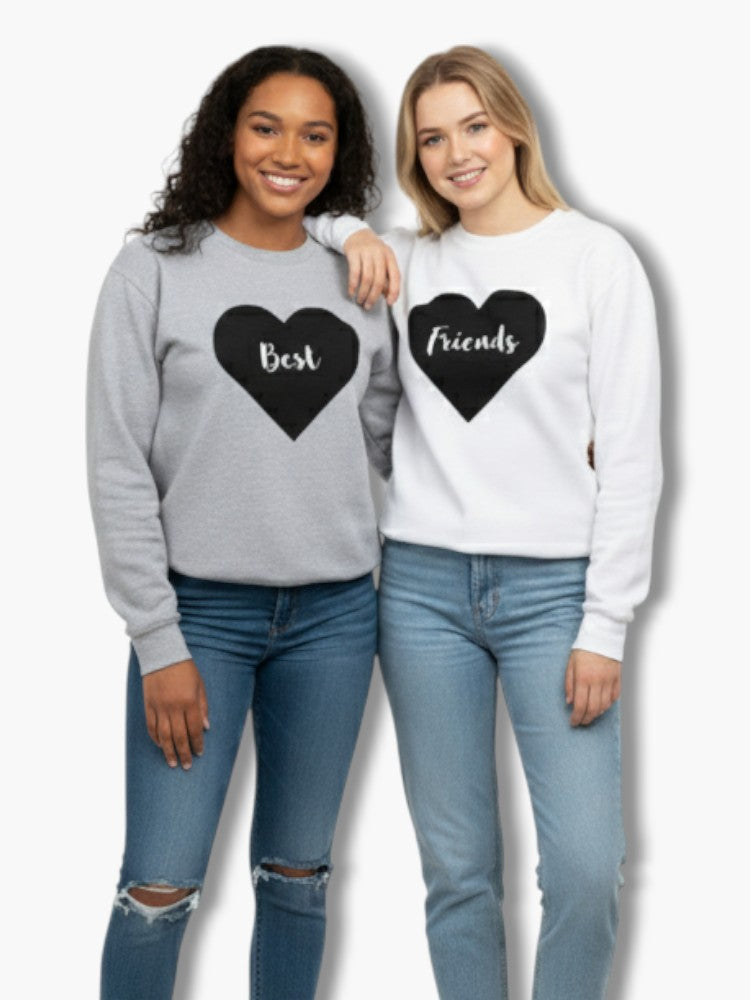 Casual Cool: Matching Grey and White Heart Graphic Sweatshirts Casual Cool: Matching Grey and White Heart Graphic Sweatshirts — Best Friend Matching Outfits