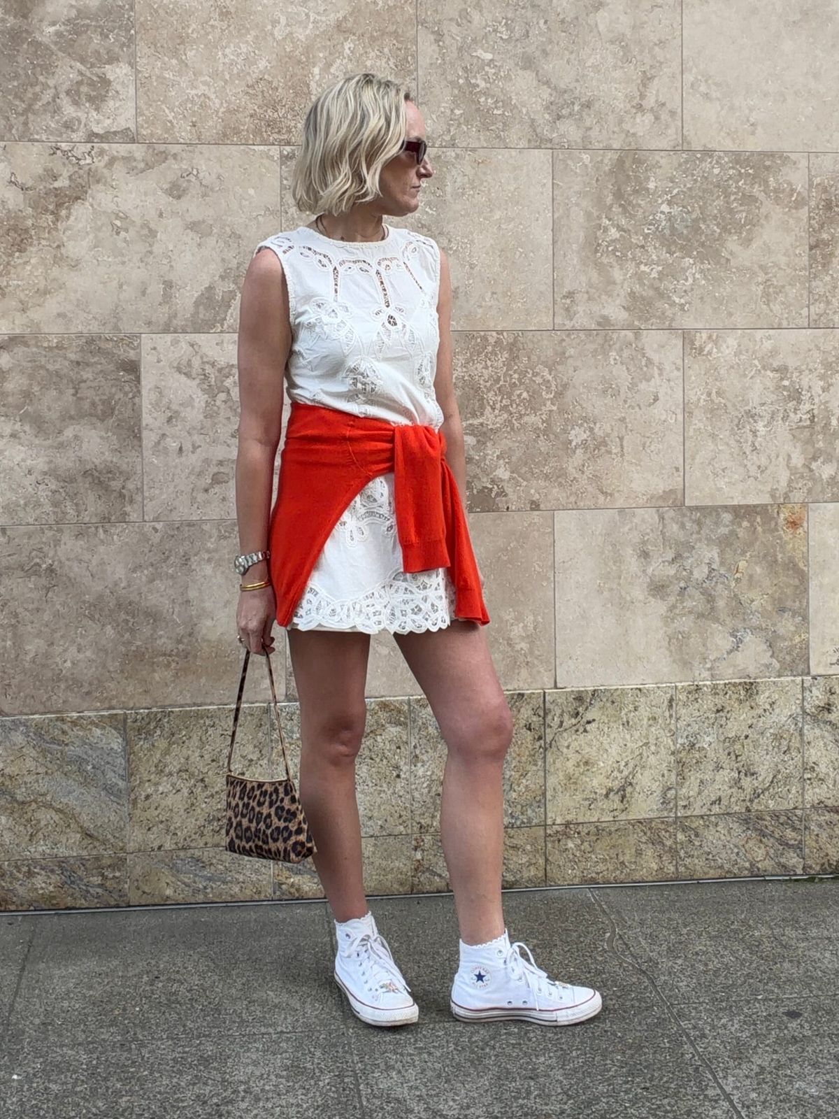 Chic Eyelet Dress with a Sweater Tied at the Waist Chic Eyelet Dress with a Sweater Tied at the Waist — Portland Outfits