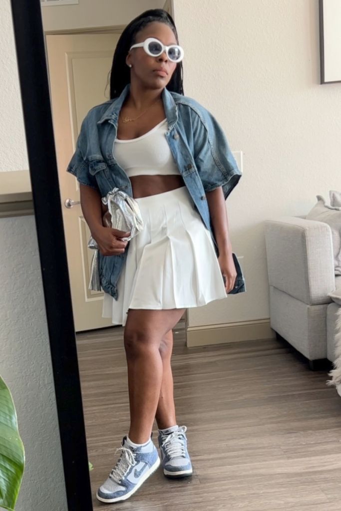 Blue and Grey Dunks with Mini Skirt and Denim Jacket Blue and Grey Dunks with Mini Skirt and Denim Jacket — Nike Dunk Outfits