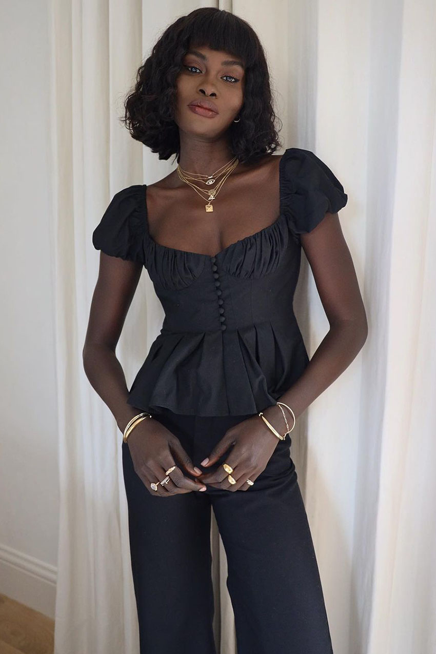 Ruched Puff-Sleeve Top with Wide-Leg Trousers — Black Outfits