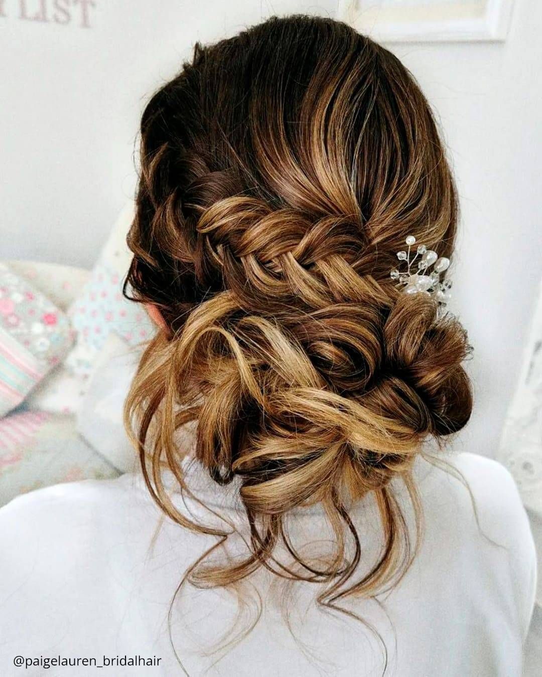 Dark Brown Braided Updo With Honey Highlights Dark Brown Braided Updo With Honey Highlights — Boho Wedding Hair