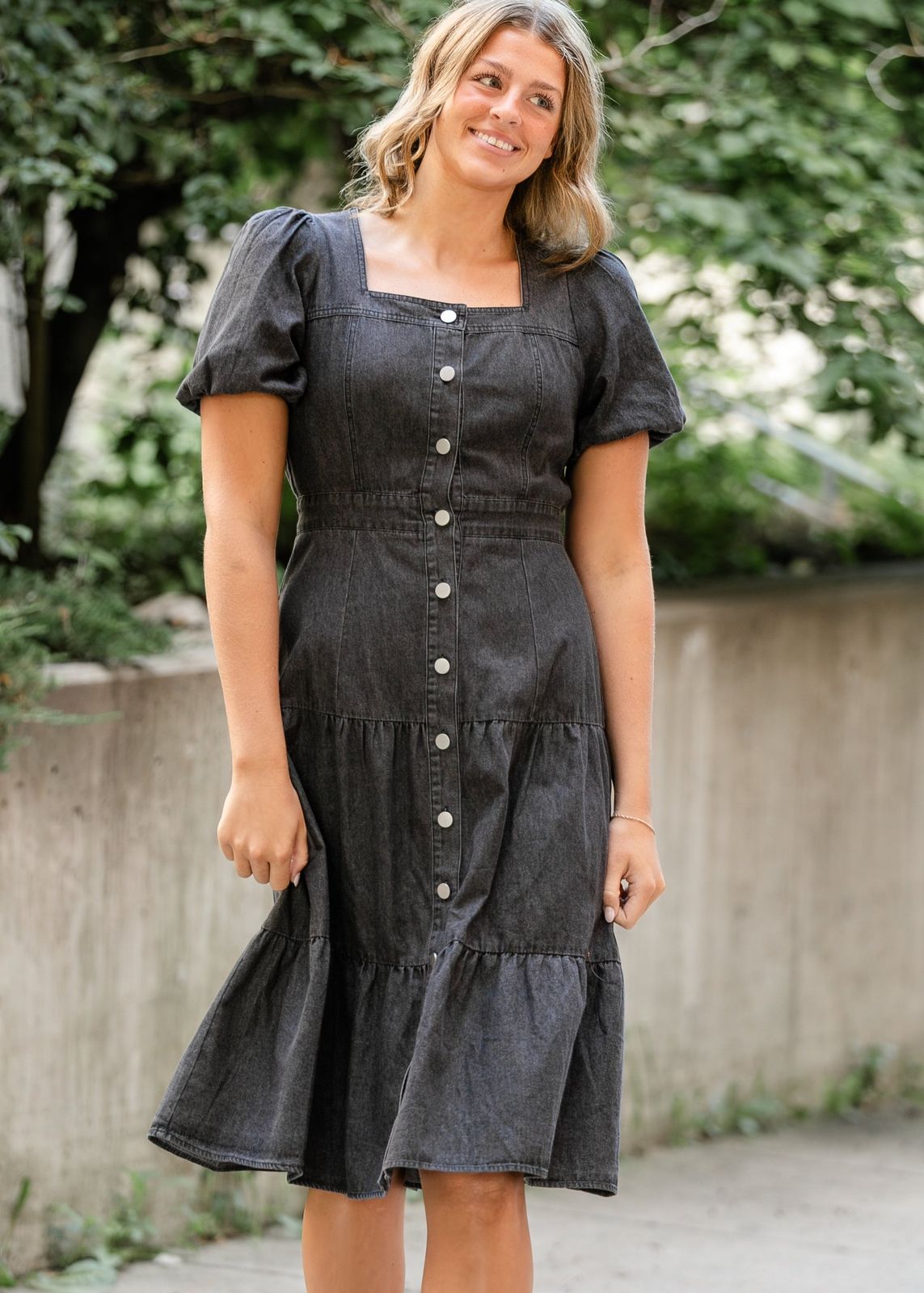 Dark Grey Denim Tiered Midi Dress with Button Front Dark Grey Denim Tiered Midi Dress with Button Front — Square Neck Dresses