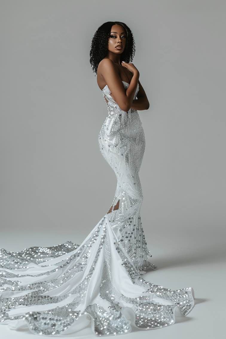 White Sequined Mermaid Gown with Dramatic Train White Sequined Mermaid Gown with Dramatic Train — Mermaid Dresses