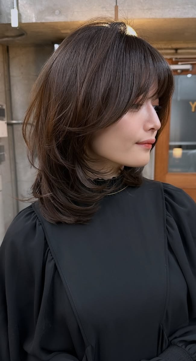 Collarbone Dark Brown Shag With Side Bangs — Hairstyles for Medium Hair