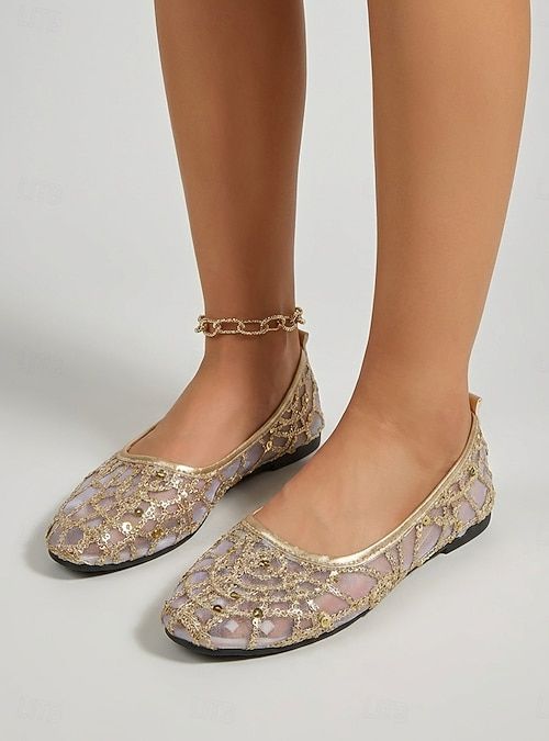 Gold Sequin Mesh Flats for Resort and Party Wear Mesh Ballet Flats Outfits