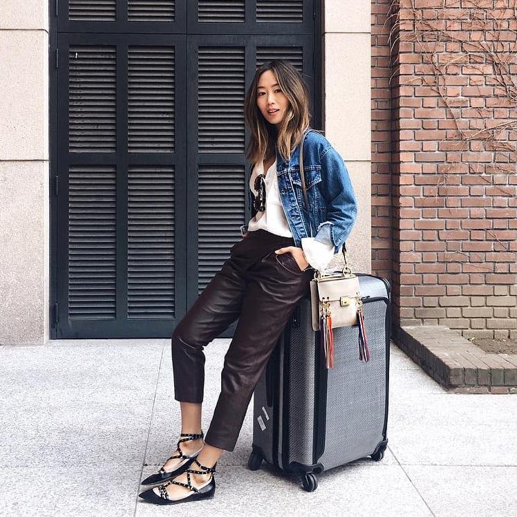 Denim Jacket with Brown Trousers and Flats — Long Flight Outfits