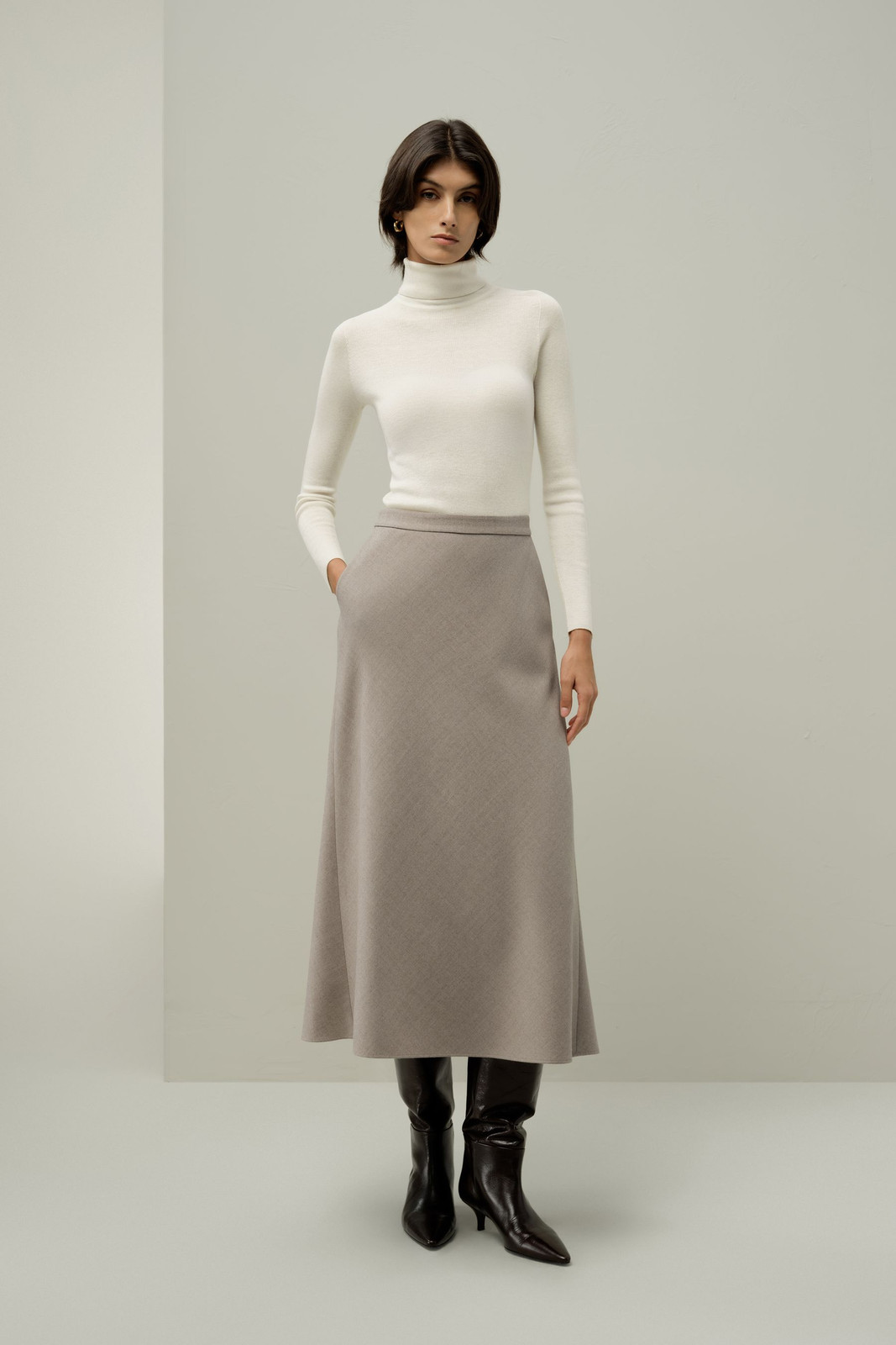 Smart Casual Grey Wool Blend A-Line Midi Skirt — A Line Skirts