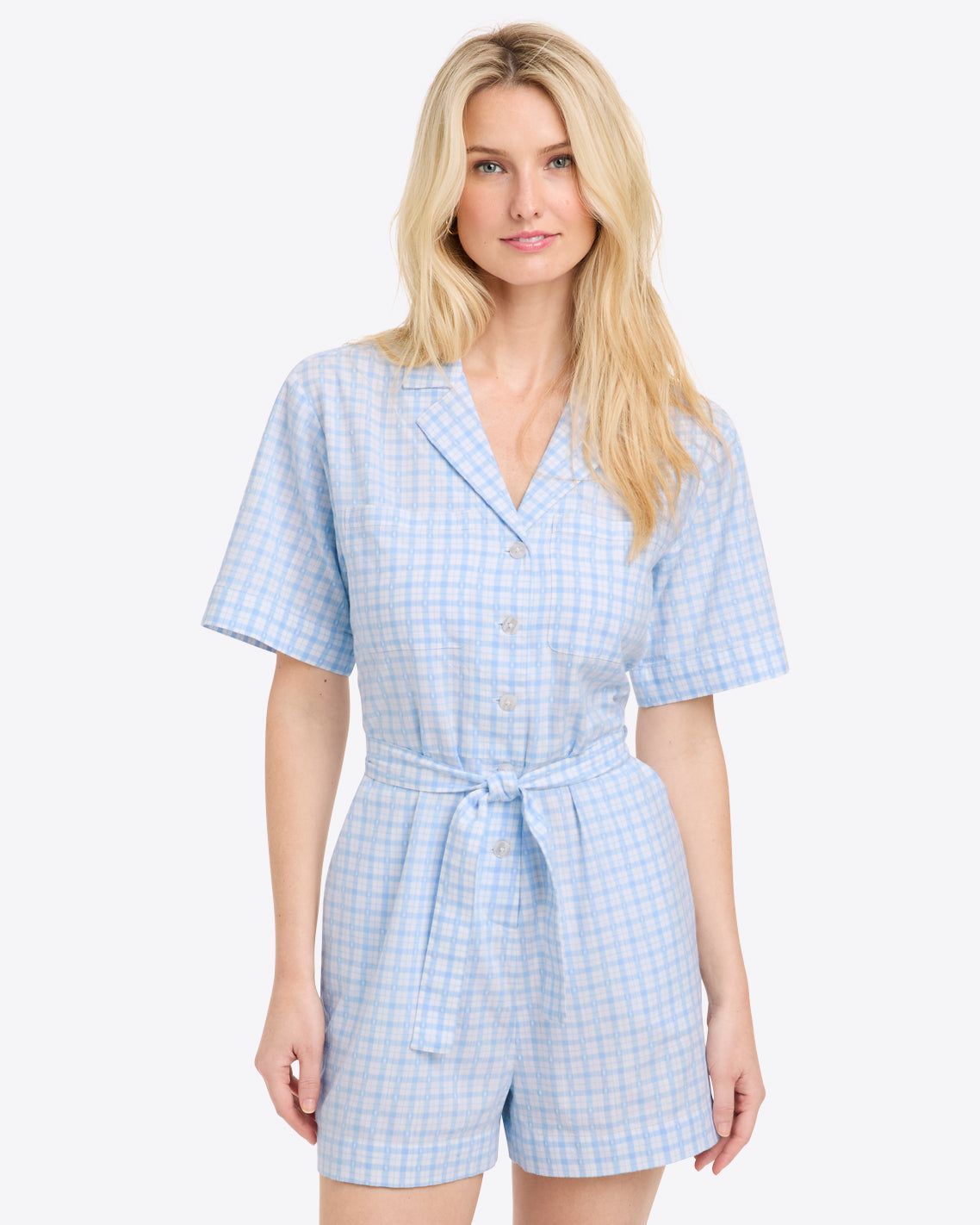 Classic Gingham: Light Blue Belted Romper — Rompers