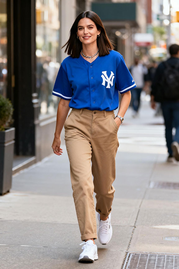 Baseball Jersey Over Twill Trousers — Baseball Game Outfits