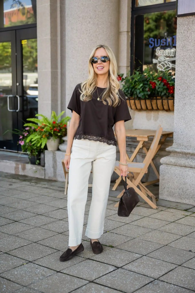 Casual Elegance: Dark Brown Loafers with Cream Pants and Lace Trim Top — Loafers with Jeans Outfits