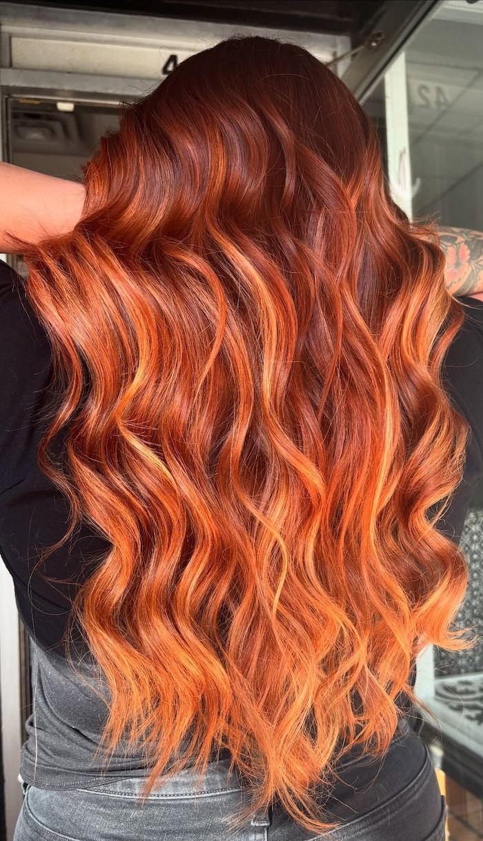 Mid-Back Wavy Spiced Copper Balayage — Fire Red Hair