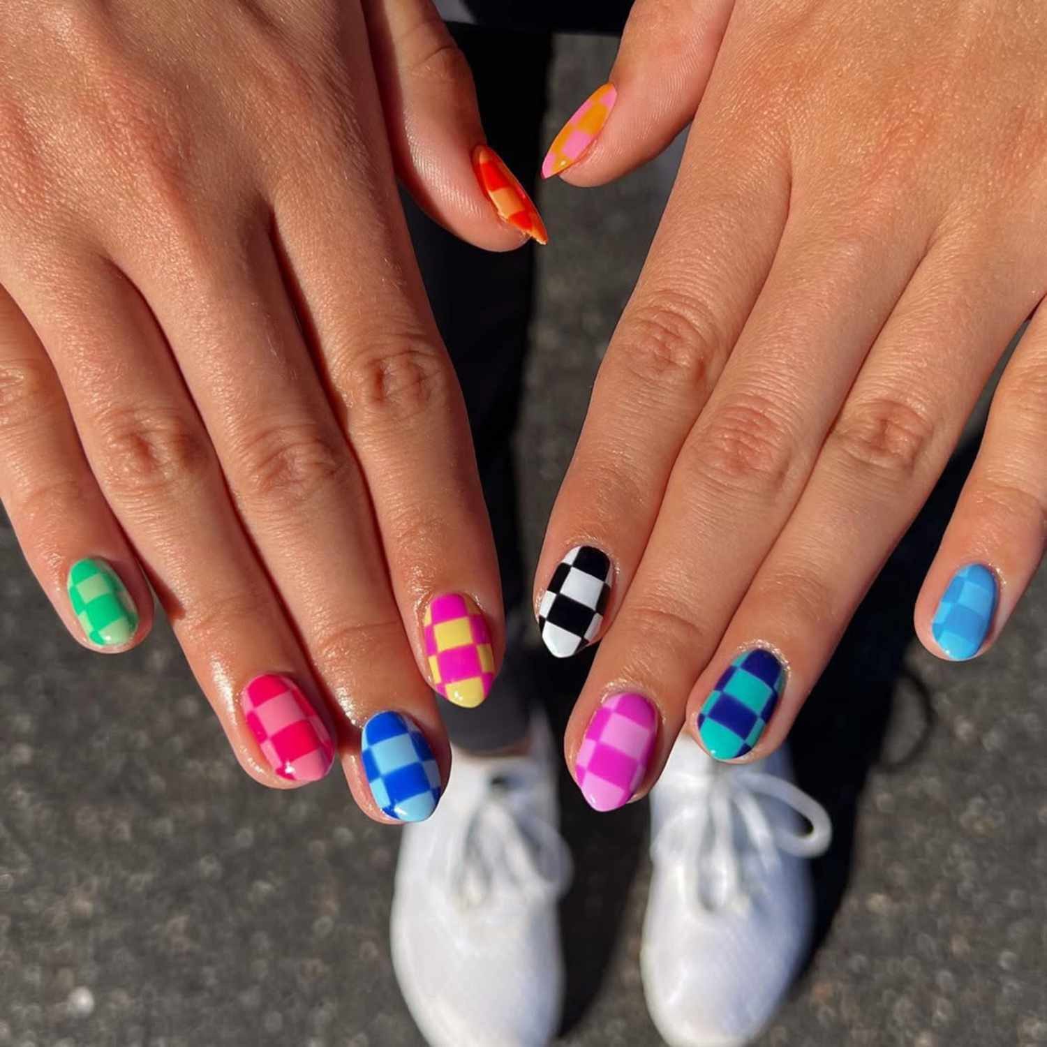 Vibrant Checkerboard Color Block Almonds Vibrant Checkerboard Color Block Almonds — Color Block Nails