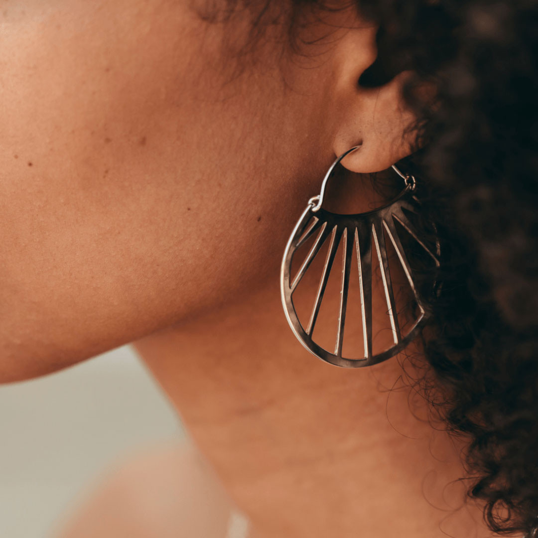 Artistic Detail: Unique Fan-Shaped Silver Hoops — Silver Hoops Outfits
