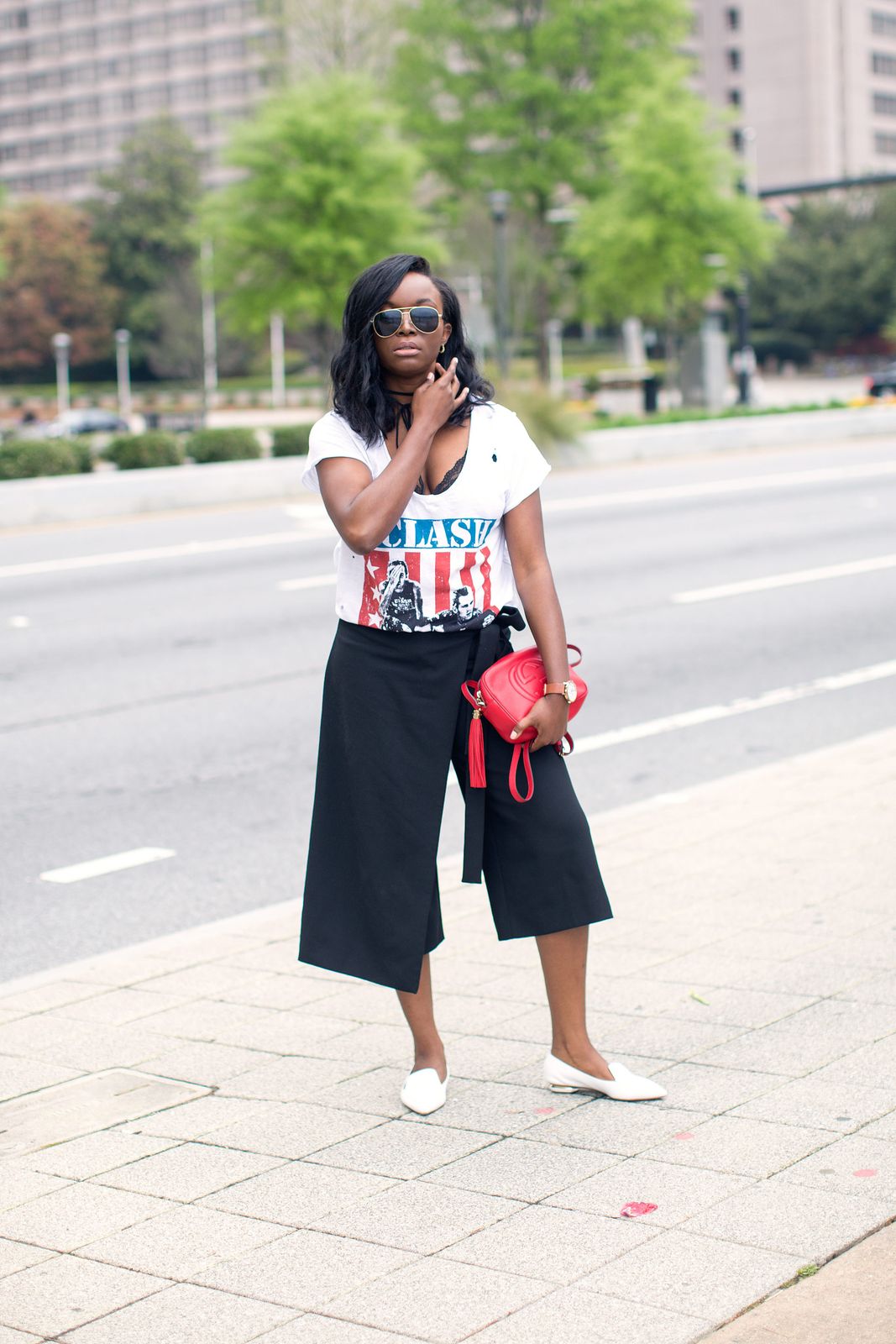 White Band Tee with Culottes and Loafers — Band Tee Outfits