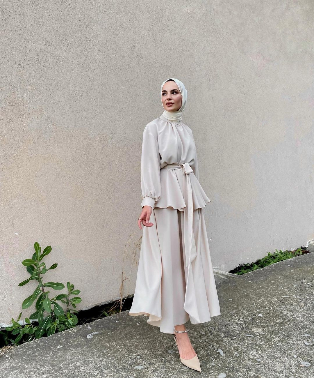 Cream Two-Piece Set with Belted Peplum Overlay Cream Two-Piece Set with Belted Peplum Overlay — Hijab Wedding Guest Outfits