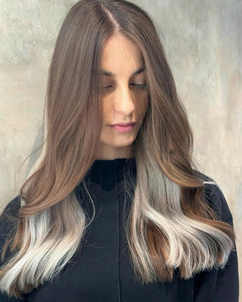 Medium Brown Lob With Blonde Balayage — Hair Color for Thin Hair