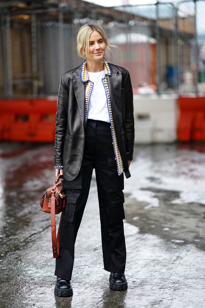 Black Cargo Pants With Leather Blazer and Chunky Boots — Cargo Pants Outfits