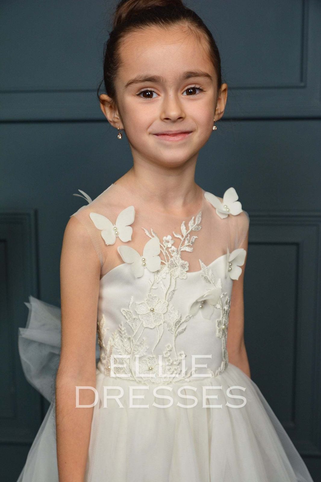 Ivory Dress with Butterfly Appliques on Sheer Neckline Ivory Dress with Butterfly Appliques on Sheer Neckline — Flower Girl Dresses