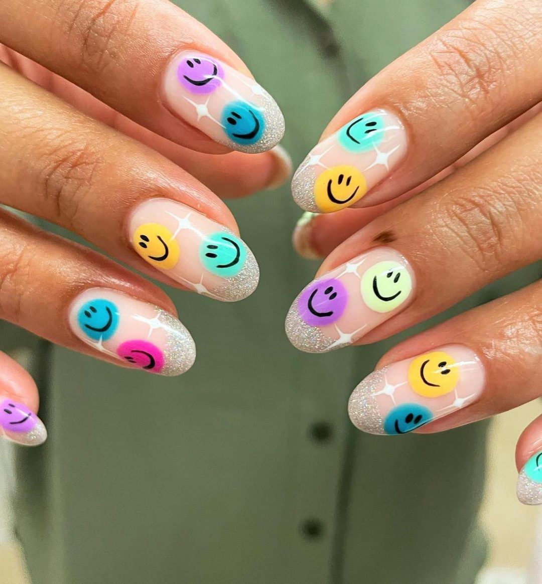 Glitter Base Colorful Smileys — Smiley Face Nails