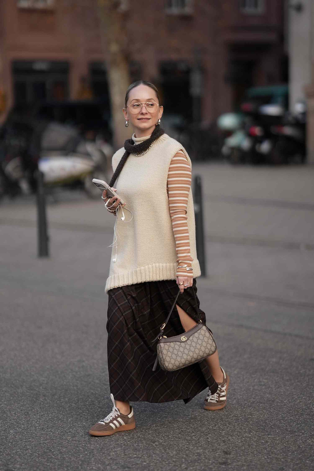 Beige Knit Vest, Plaid Maxi Skirt, and Striped Sneakers — Retro Sneakers Outfits