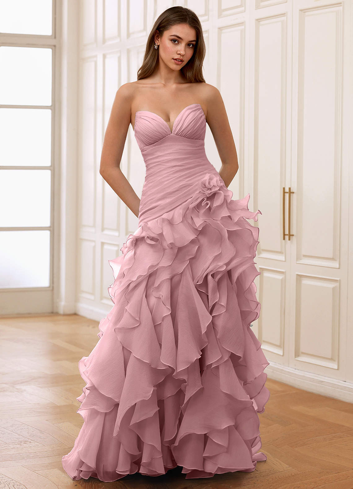 Dusty Pink Strapless Chiffon Gown with Voluminous Layered Ruffles Dusty Pink Strapless Chiffon Gown with Voluminous Layered Ruffles — Ruffle Dresses