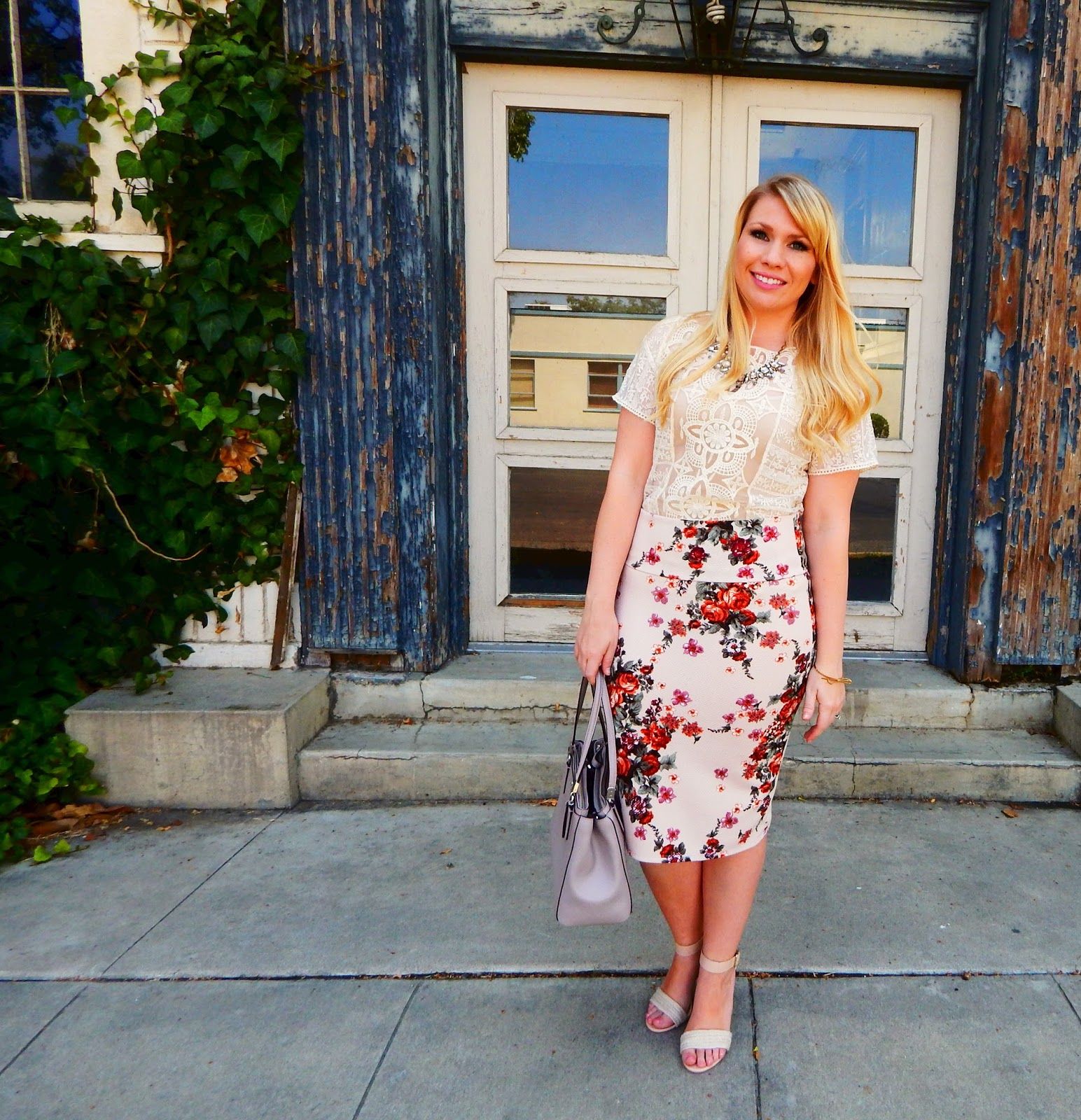 Pink Floral Pencil Skirt with White Lace Top — Pencil Skirt Outfits