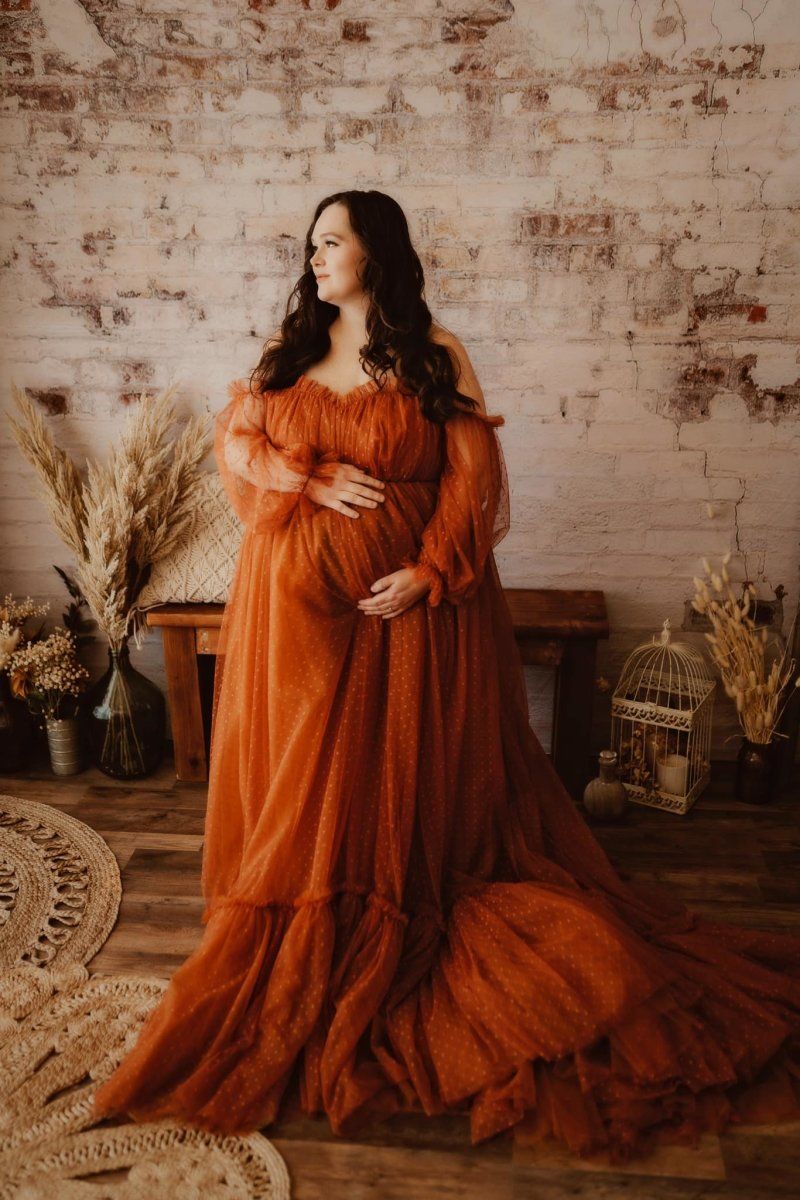 Burnt Orange Tulle Maternity Gown with Ruffled Hem Burnt Orange Tulle Maternity Gown with Ruffled Hem — Maternity Dresses