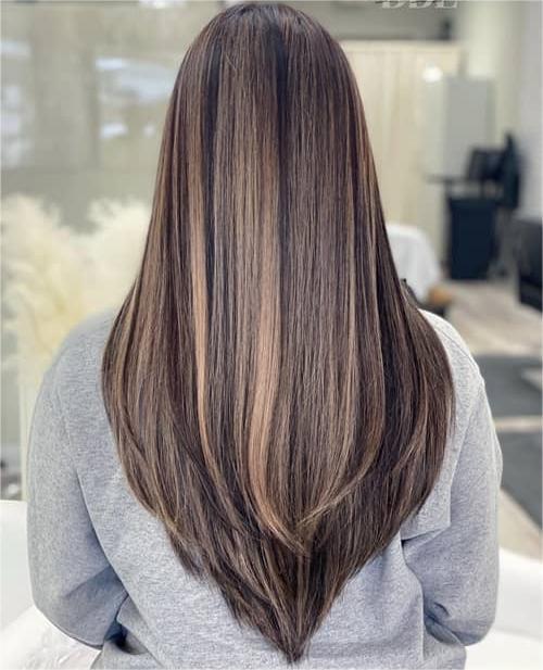 Dark Brown V-Shape With Blonde Highlights — V Cut Hair