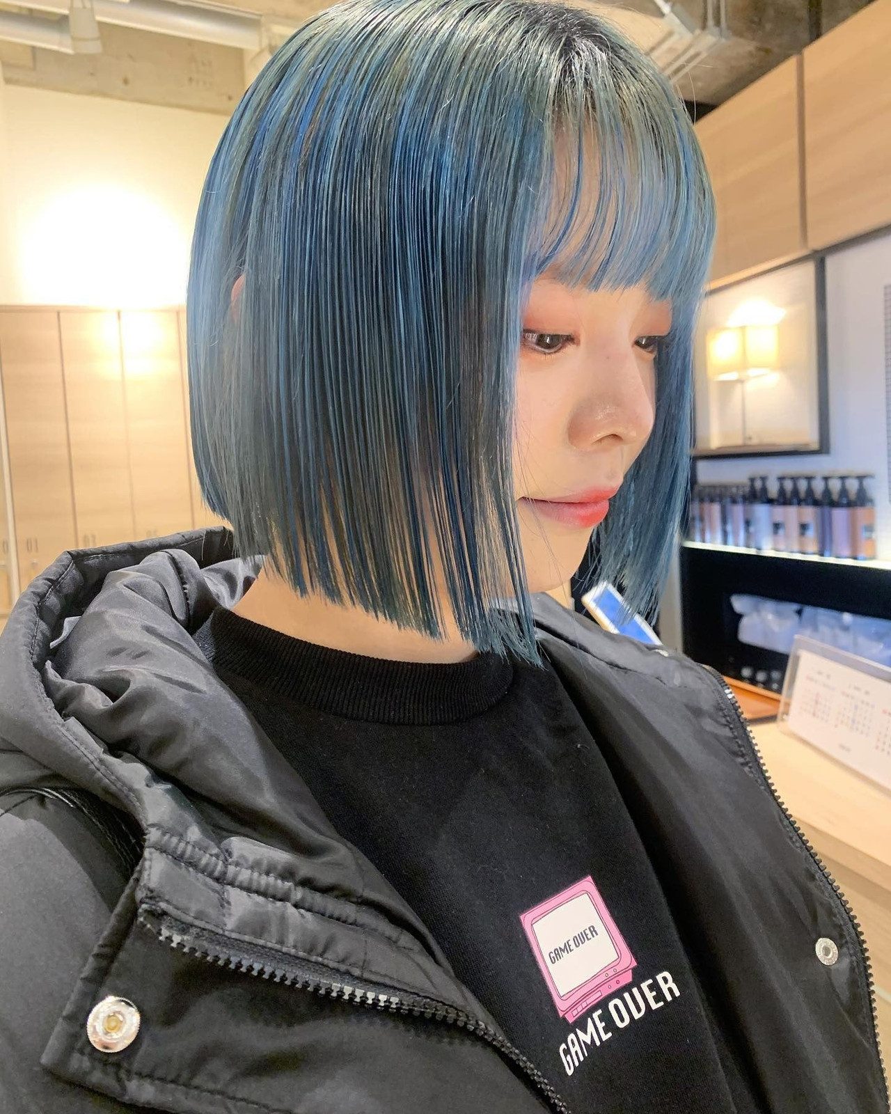 Bright Blue Bob With Blunt Bangs Bright Blue Bob With Blunt Bangs — Sky Blue Hair
