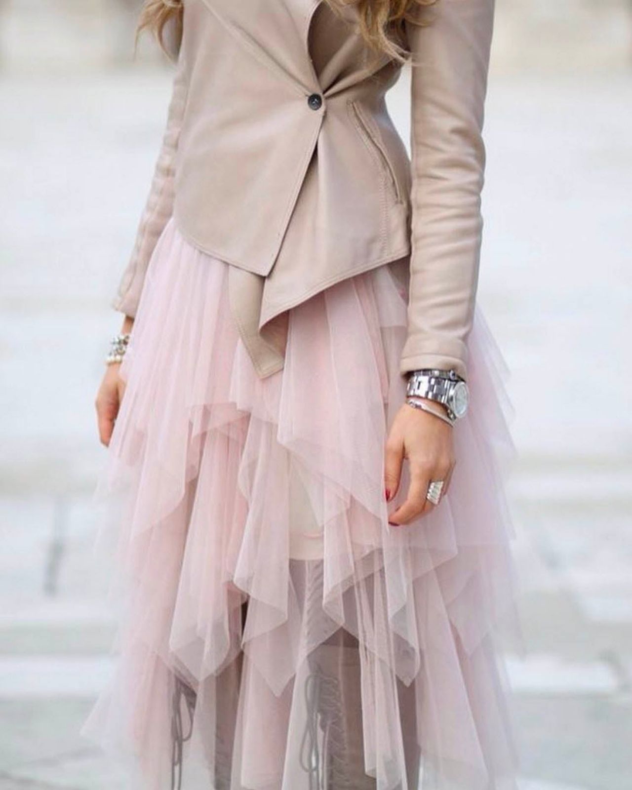 Elegant Evening Layers: Pale Pink Tulle Skirt with a Draped Jacket — Tulle Skirt Outfits