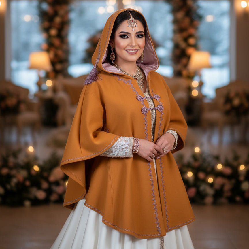 Festive Orange Hooded Cloak with Purple Embroidery Festive Orange Hooded Cloak with Purple Embroidery — Morocco Outfits
