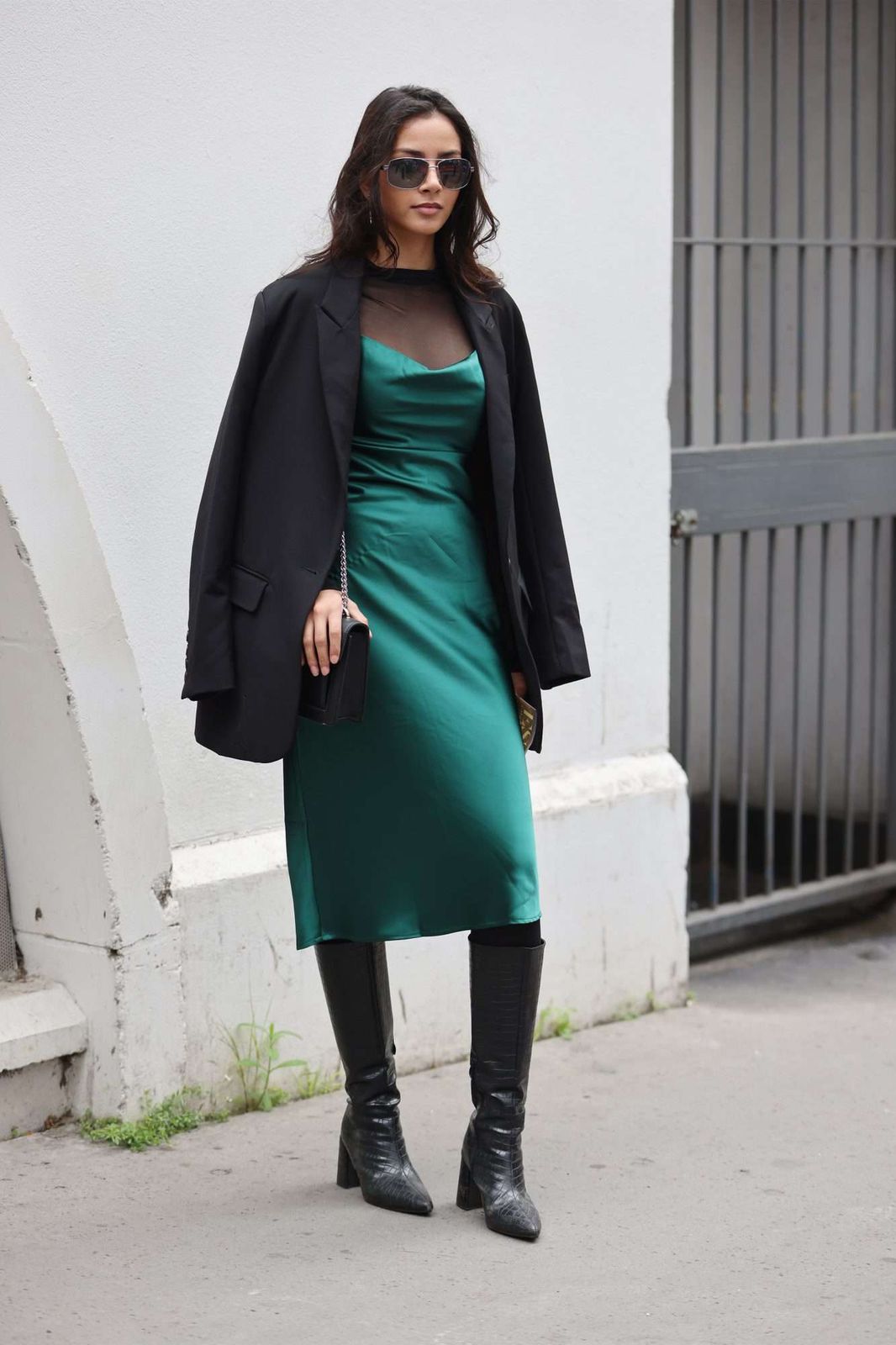 Emerald Satin Slip Dress with Blazer and Boots — Satin Dress Outfits