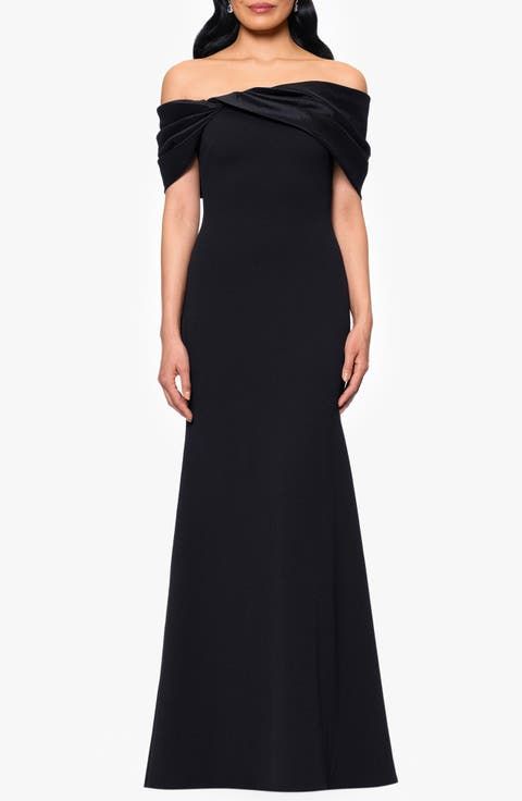 Black Off-the-Shoulder Column Dress with Draped Detail Black Off-the-Shoulder Column Dress with Draped Detail — Dresses for Broad Shoulders