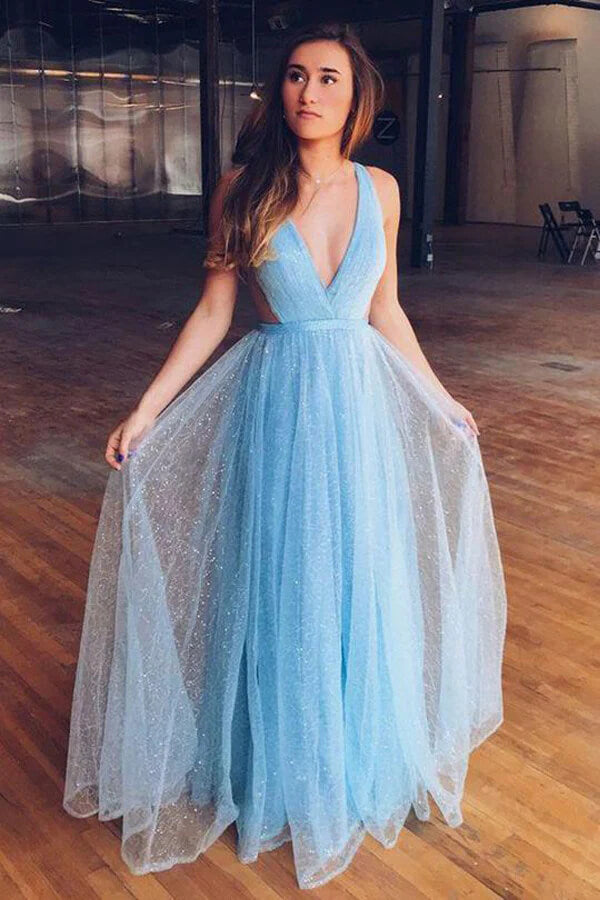 Light Blue Glitter Tulle A-line Prom Dress — Prom Dresses