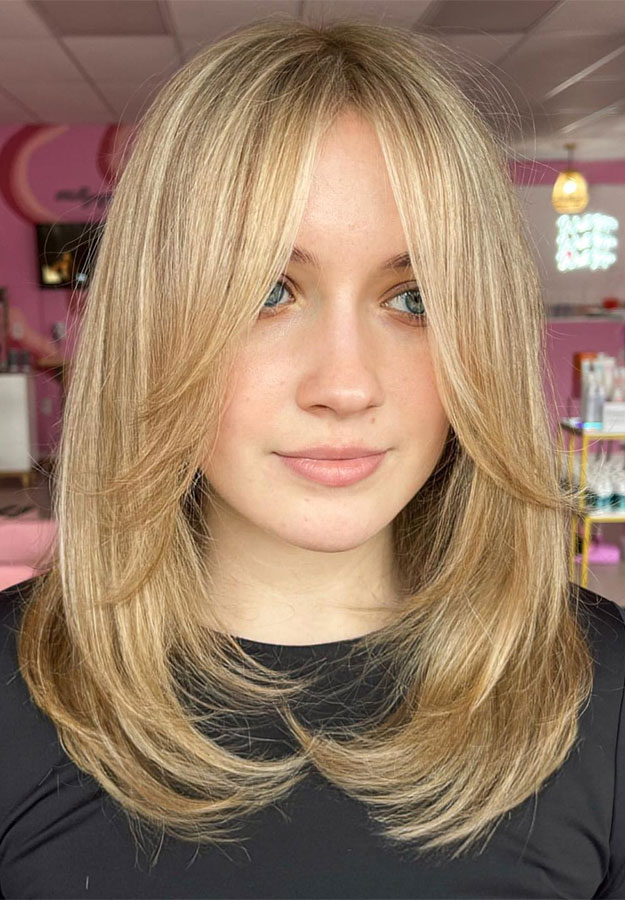 Honey Blonde Layered Lob With Curtain Bangs Honey Blonde Layered Lob With Curtain Bangs — Medium Length Layered Hair