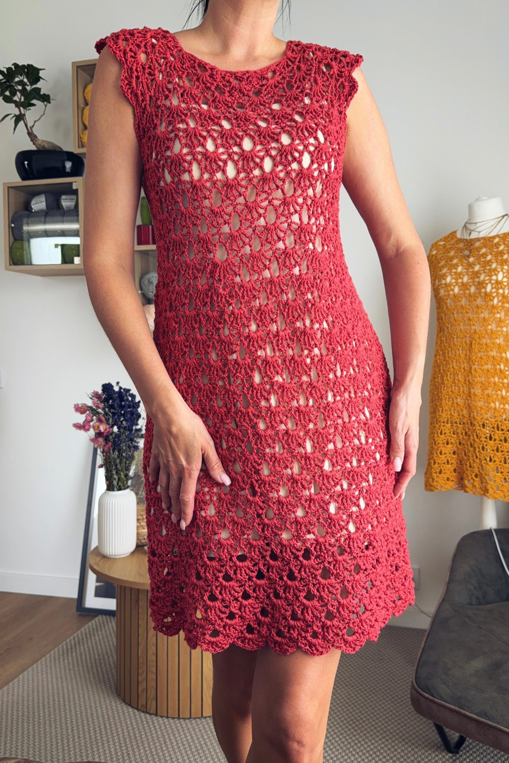 Red Sleeveless Crochet Dress with Openwork Pattern Red Sleeveless Crochet Dress with Openwork Pattern — Crochet Outfits