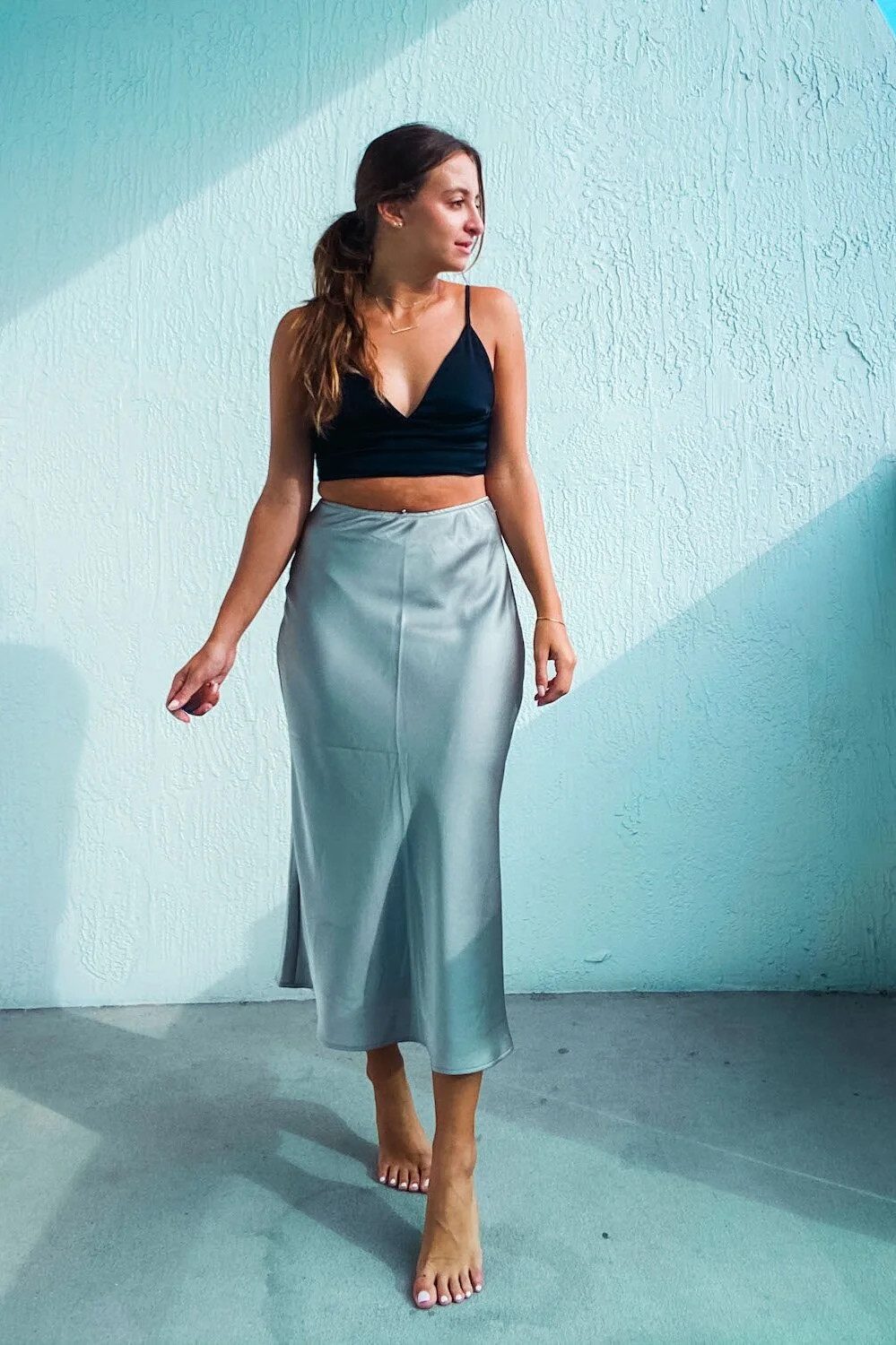 Grey Satin Midi Skirt with Spaghetti Top for Casual Cool Grey Satin Midi Skirt with Spaghetti Top for Casual Cool — Satin Skirts