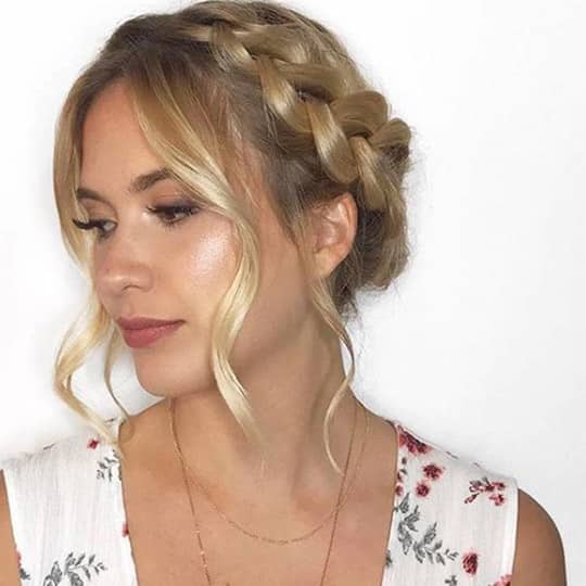 Wavy Fine Blonde Crown Braid With Side Bangs