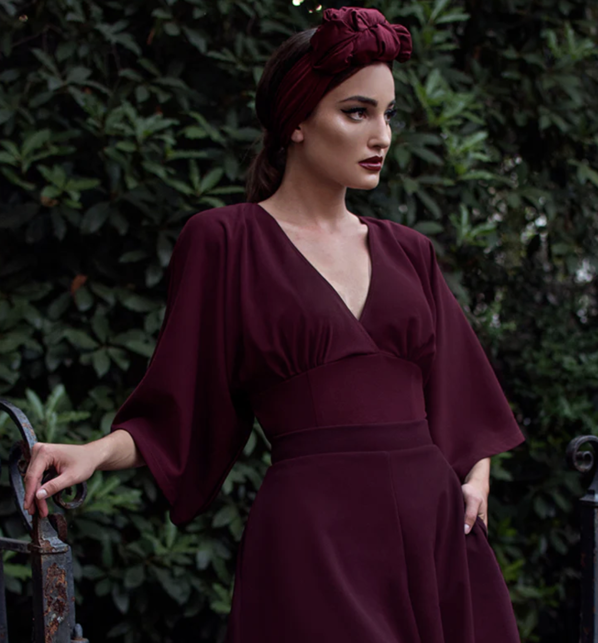 Burgundy Crepe Wrap Dress with Headscarf — Dark Feminine Outfits