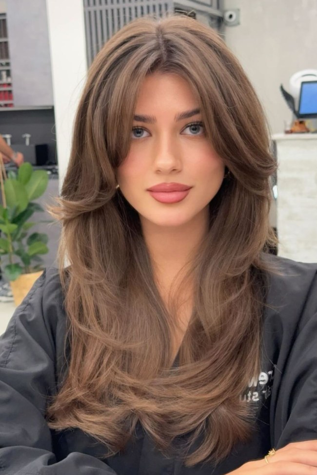 Ash Beige Brown with Soft Face-Framing Layers — Long Layered Hair with Curtain Bangs