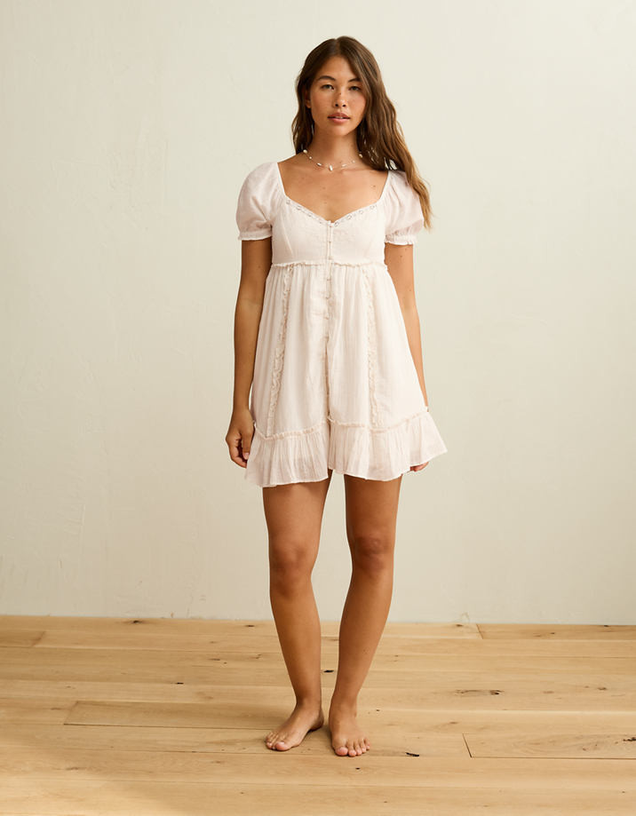 Pale Pink Babydoll Puff Sleeve Mini Dress with Lace Trim Pale Pink Babydoll Puff Sleeve Mini Dress with Lace Trim — Puff Sleeve Dresses
