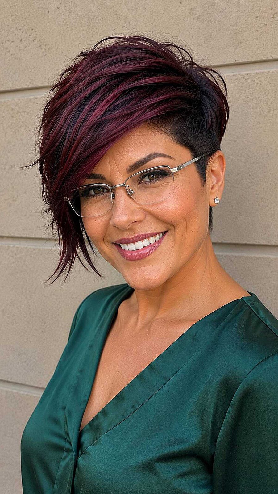 Edgy Burgundy Asymmetrical Pixie Edgy Burgundy Asymmetrical Pixie — Pixie with Glasses