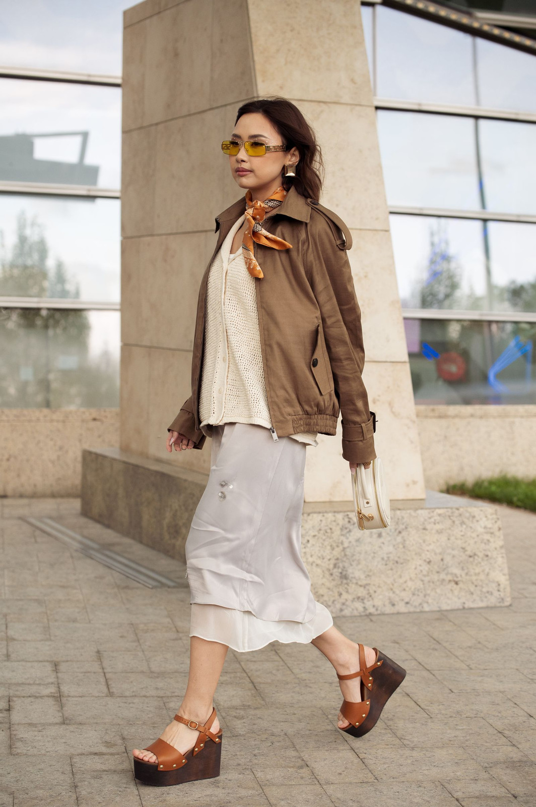 Silk Scarf as a Neck Accent with Layered Jacket — Silk Scarf Outfits