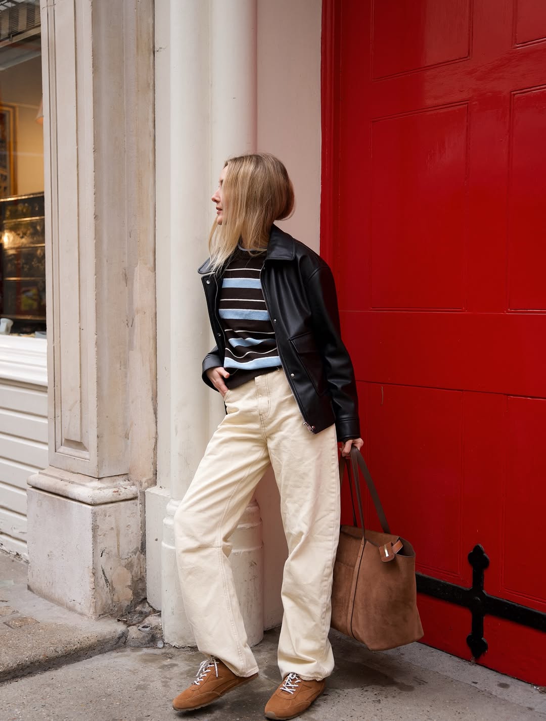 Smart Casual Layering: Leather Jacket Over Striped Knit — It Girl Outfits