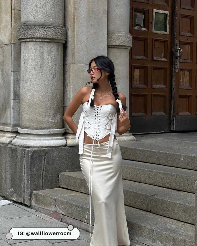 Delicate Femininity: White Lace Corset with Satin Maxi Skirt — Corset Outfits